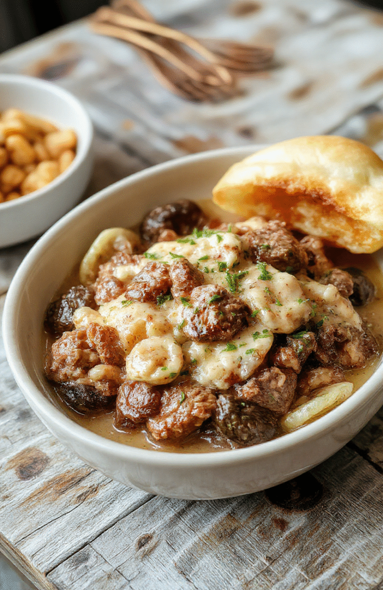 A vibrant bowl featuring creamy beef and shell pasta, topped with fresh herbs, showcasing rich textures and a golden cheese crust, styled simply with a rustic background.