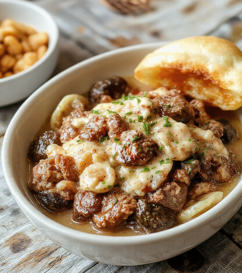 A vibrant bowl featuring creamy beef and shell pasta, topped with fresh herbs, showcasing rich textures and a golden cheese crust, styled simply with a rustic background.