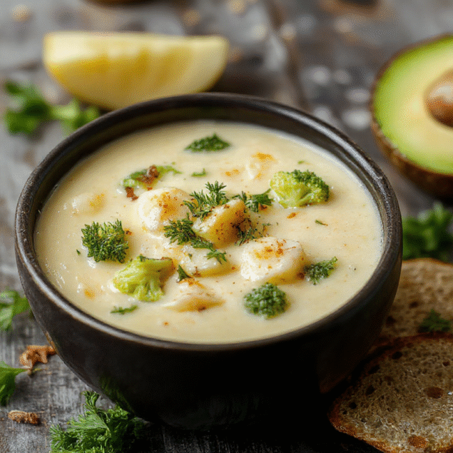 A vibrant bowl of creamy broccoli cheddar potato soup with bright green broccoli florets, golden melted cheddar cheese, and smooth potato base, garnished with fresh herbs on a rustic wooden table.