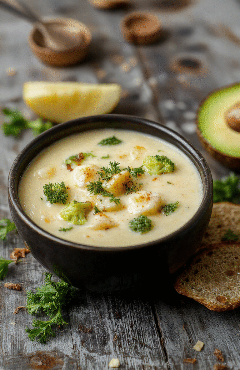 A vibrant bowl of creamy broccoli cheddar potato soup with bright green broccoli florets, golden melted cheddar cheese, and smooth potato base, garnished with fresh herbs on a rustic wooden table.