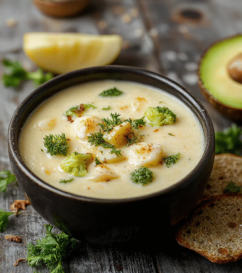 A vibrant bowl of creamy broccoli cheddar potato soup with bright green broccoli florets, golden melted cheddar cheese, and smooth potato base, garnished with fresh herbs on a rustic wooden table.