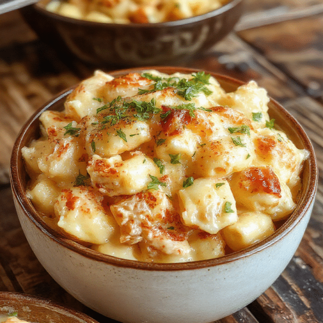 A creamy chicken mac and cheese dish artfully plated with golden-brown breadcrumb topping, tender pasta coated in rich cheese sauce, and chunks of cooked chicken, all styled on a rustic marble surface with natural daylight highlighting its creamy textures and vibrant colors.