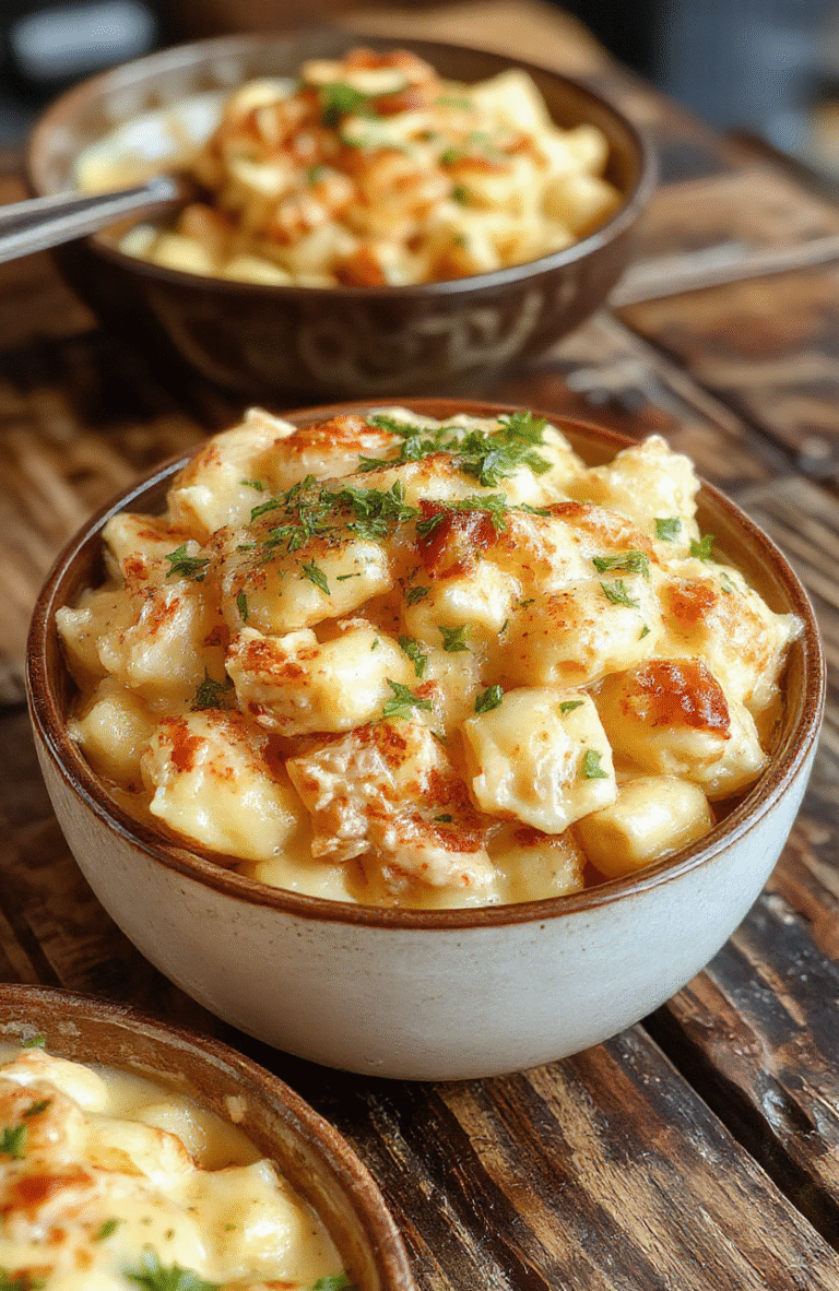 A creamy chicken mac and cheese dish artfully plated with golden-brown breadcrumb topping, tender pasta coated in rich cheese sauce, and chunks of cooked chicken, all styled on a rustic marble surface with natural daylight highlighting its creamy textures and vibrant colors.