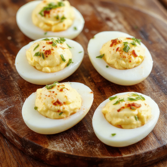 A close-up shot of creamy deviled eggs on a white platter, garnished with paprika and fresh chives, showcasing smooth filling with a sprinkle of herbs, vibrant yellow yolk mixture contrasted against the bright white egg whites, styled simply with a rustic wooden background.