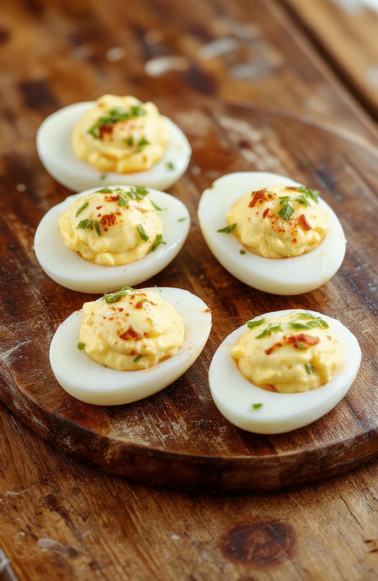 A close-up shot of creamy deviled eggs on a white platter, garnished with paprika and fresh chives, showcasing smooth filling with a sprinkle of herbs, vibrant yellow yolk mixture contrasted against the bright white egg whites, styled simply with a rustic wooden background.