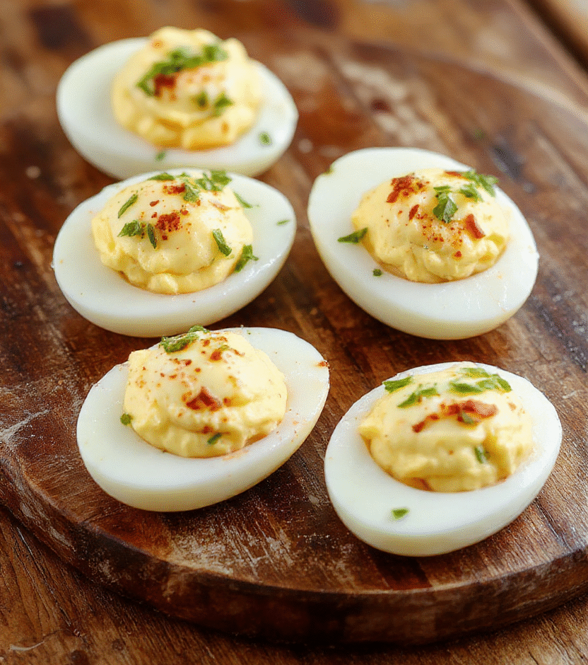 A close-up shot of creamy deviled eggs on a white platter, garnished with paprika and fresh chives, showcasing smooth filling with a sprinkle of herbs, vibrant yellow yolk mixture contrasted against the bright white egg whites, styled simply with a rustic wooden background.