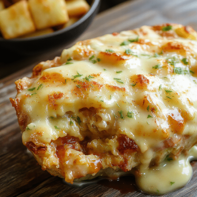 A golden, bubbling potato gratin in a white ceramic baking dish, topped with melted cheese and crispy edges, garnished with fresh herbs, set on a rustic wooden table with a cozy holiday ambiance.