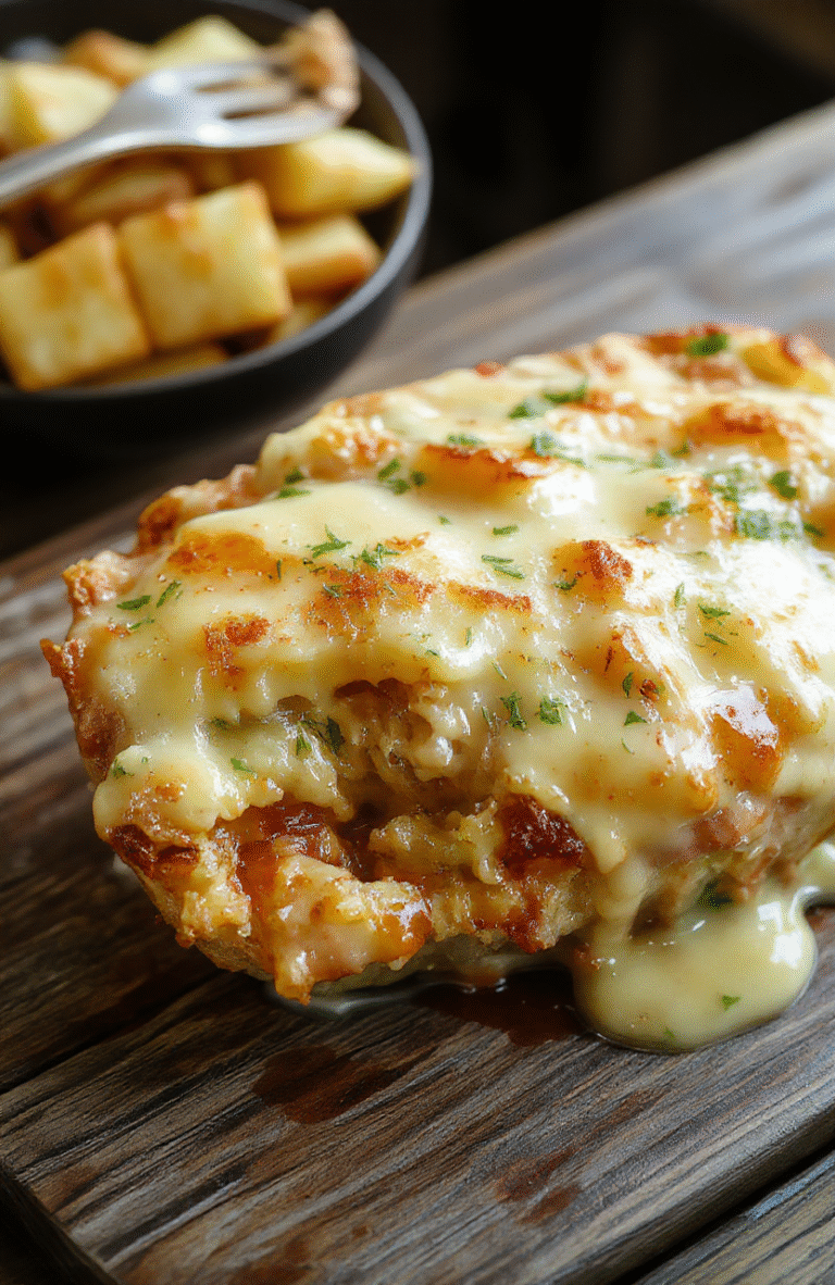 A golden, bubbling potato gratin in a white ceramic baking dish, topped with melted cheese and crispy edges, garnished with fresh herbs, set on a rustic wooden table with a cozy holiday ambiance.