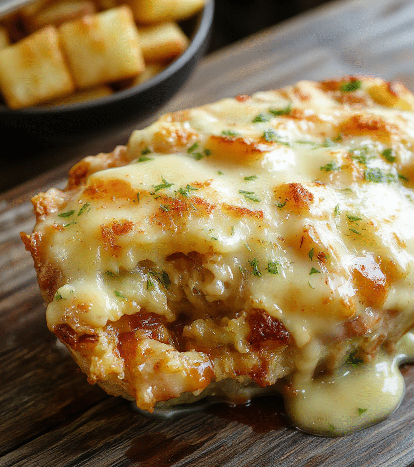 A golden, bubbling potato gratin in a white ceramic baking dish, topped with melted cheese and crispy edges, garnished with fresh herbs, set on a rustic wooden table with a cozy holiday ambiance.