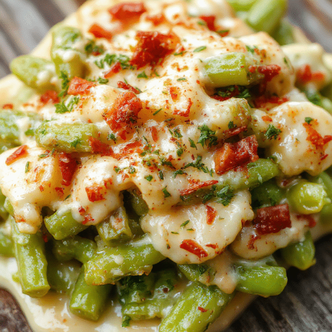 A vibrant green bean casserole topped with golden crispy onion rings, served in a rustic white dish, with fresh green beans, creamy sauce, and crunchy toppings, styled on a wooden surface with soft natural light highlighting textures