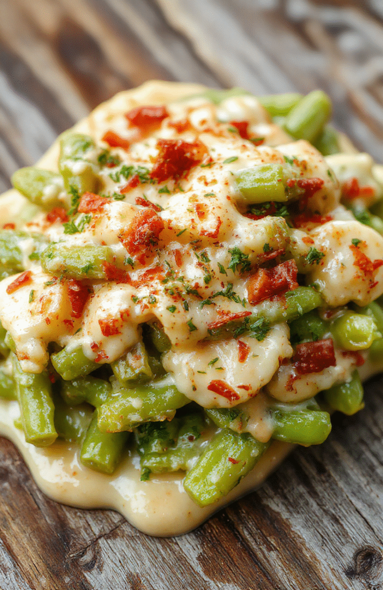 A vibrant green bean casserole topped with golden crispy onion rings, served in a rustic white dish, with fresh green beans, creamy sauce, and crunchy toppings, styled on a wooden surface with soft natural light highlighting textures