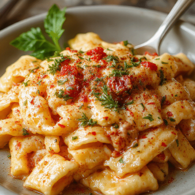 A bowl of creamy Italian rigatoni topped with grated cheese and fresh herbs, served on a rustic wooden table with a rich, cheesy sauce coating large ridged pasta tubes, vibrant green parsley garnish, and a background of Italian ingredients and rustic dinnerware.
