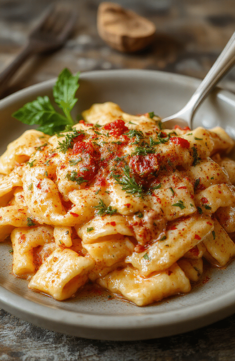 A bowl of creamy Italian rigatoni topped with grated cheese and fresh herbs, served on a rustic wooden table with a rich, cheesy sauce coating large ridged pasta tubes, vibrant green parsley garnish, and a background of Italian ingredients and rustic dinnerware.