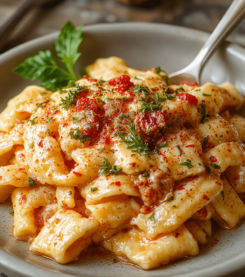 A bowl of creamy Italian rigatoni topped with grated cheese and fresh herbs, served on a rustic wooden table with a rich, cheesy sauce coating large ridged pasta tubes, vibrant green parsley garnish, and a background of Italian ingredients and rustic dinnerware.