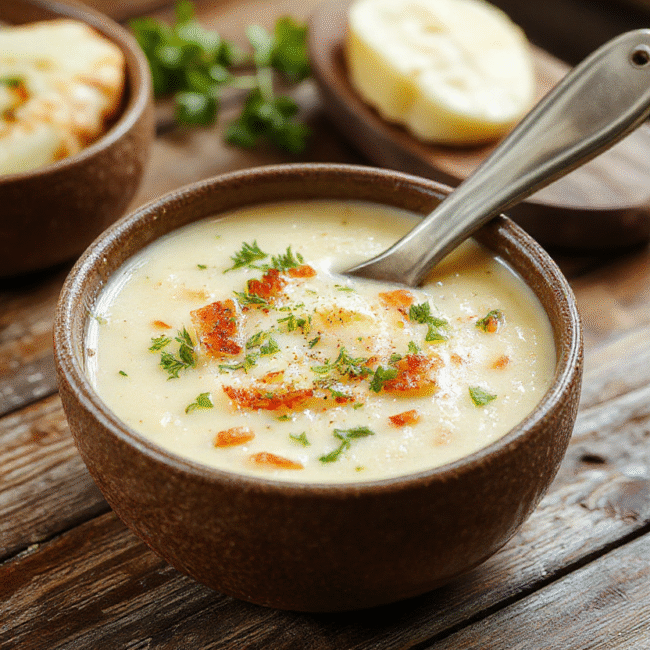 A warm bowl of creamy loaded potato soup topped with crispy bacon, shredded cheese, chopped chives, and a dollop of sour cream, served in a rustic ceramic bowl on a wooden table, with steam gently rising, showcasing the rich, velvety texture and colorful toppings.