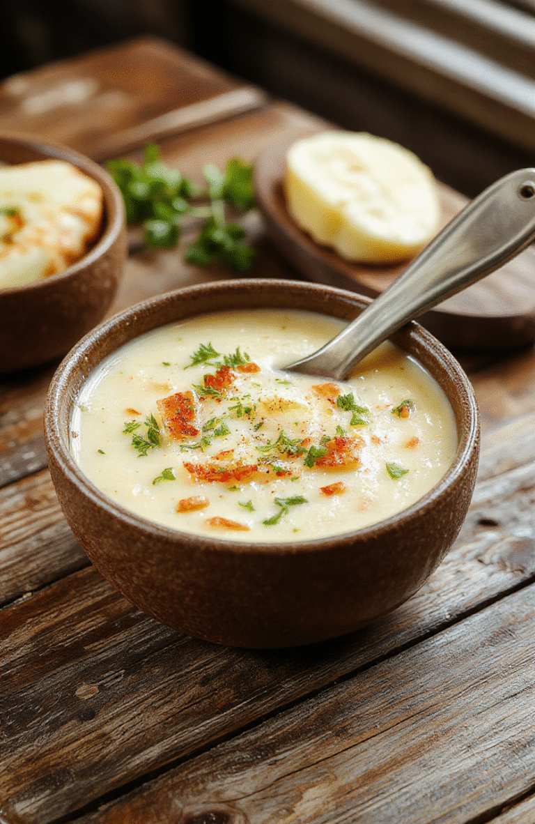 A warm bowl of creamy loaded potato soup topped with crispy bacon, shredded cheese, chopped chives, and a dollop of sour cream, served in a rustic ceramic bowl on a wooden table, with steam gently rising, showcasing the rich, velvety texture and colorful toppings.