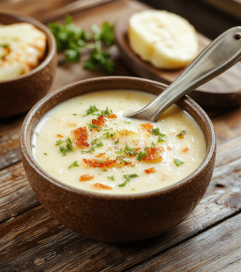 A warm bowl of creamy loaded potato soup topped with crispy bacon, shredded cheese, chopped chives, and a dollop of sour cream, served in a rustic ceramic bowl on a wooden table, with steam gently rising, showcasing the rich, velvety texture and colorful toppings.