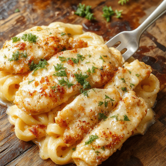 A vibrant plate of creamy Parmesan chicken pasta topped with freshly chopped parsley and grated Parmesan, with a golden-brown seared chicken breast sitting beside the pasta, all on a rustic wooden table, natural daylight enhances the rich textures and creamy sauce.