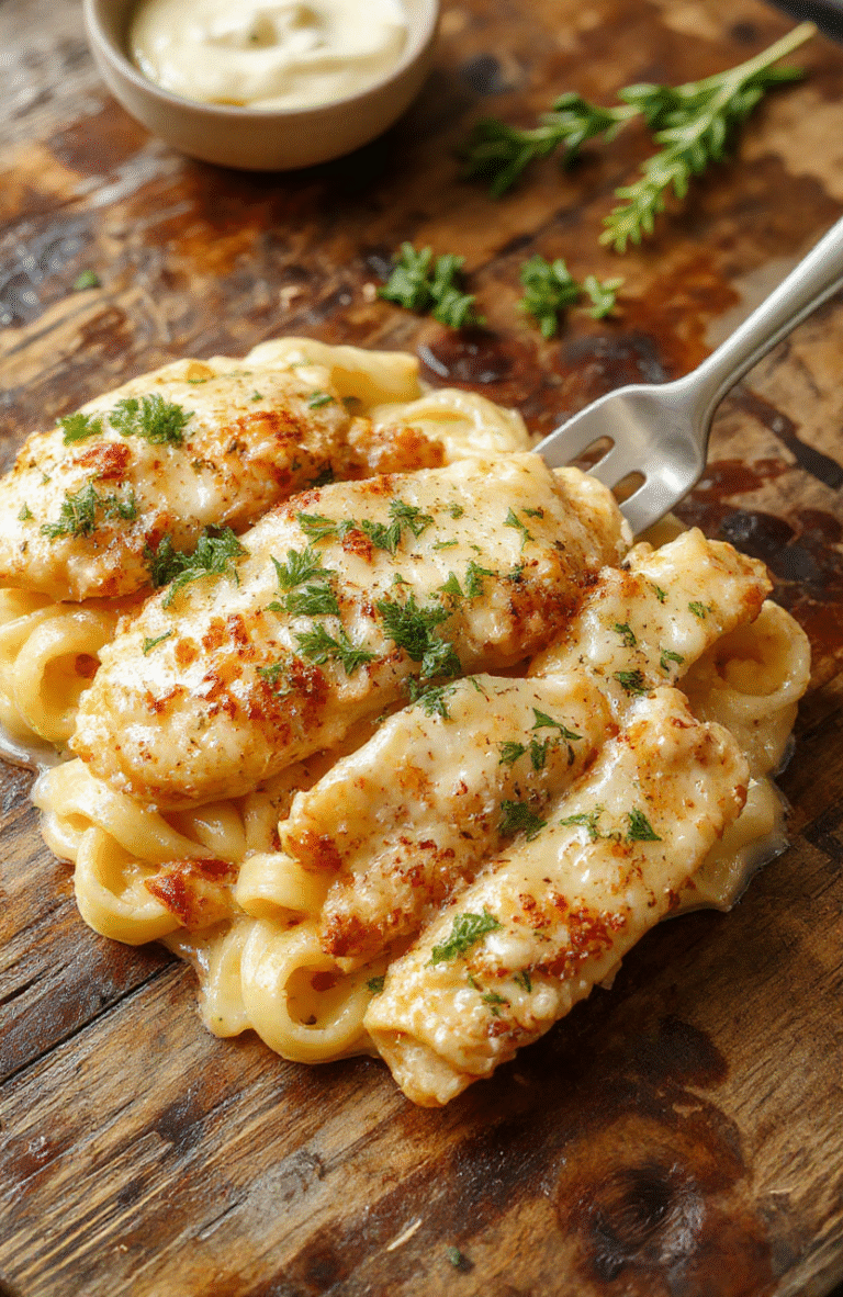 A vibrant plate of creamy Parmesan chicken pasta topped with freshly chopped parsley and grated Parmesan, with a golden-brown seared chicken breast sitting beside the pasta, all on a rustic wooden table, natural daylight enhances the rich textures and creamy sauce.