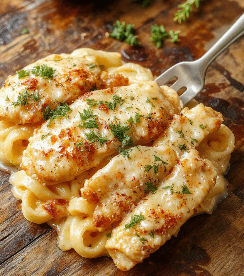 A vibrant plate of creamy Parmesan chicken pasta topped with freshly chopped parsley and grated Parmesan, with a golden-brown seared chicken breast sitting beside the pasta, all on a rustic wooden table, natural daylight enhances the rich textures and creamy sauce.