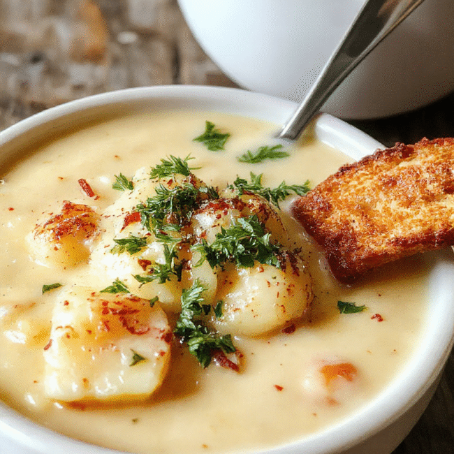 A warm bowl of creamy potato soup garnished with chopped chives and a dollop of sour cream, served on a rustic wooden table with a spoon and a slice of crusty bread. The soup has a smooth, velvety texture with golden hints from butter and herbs, beautifully styled with fresh herbs on top, appealing and cozy.