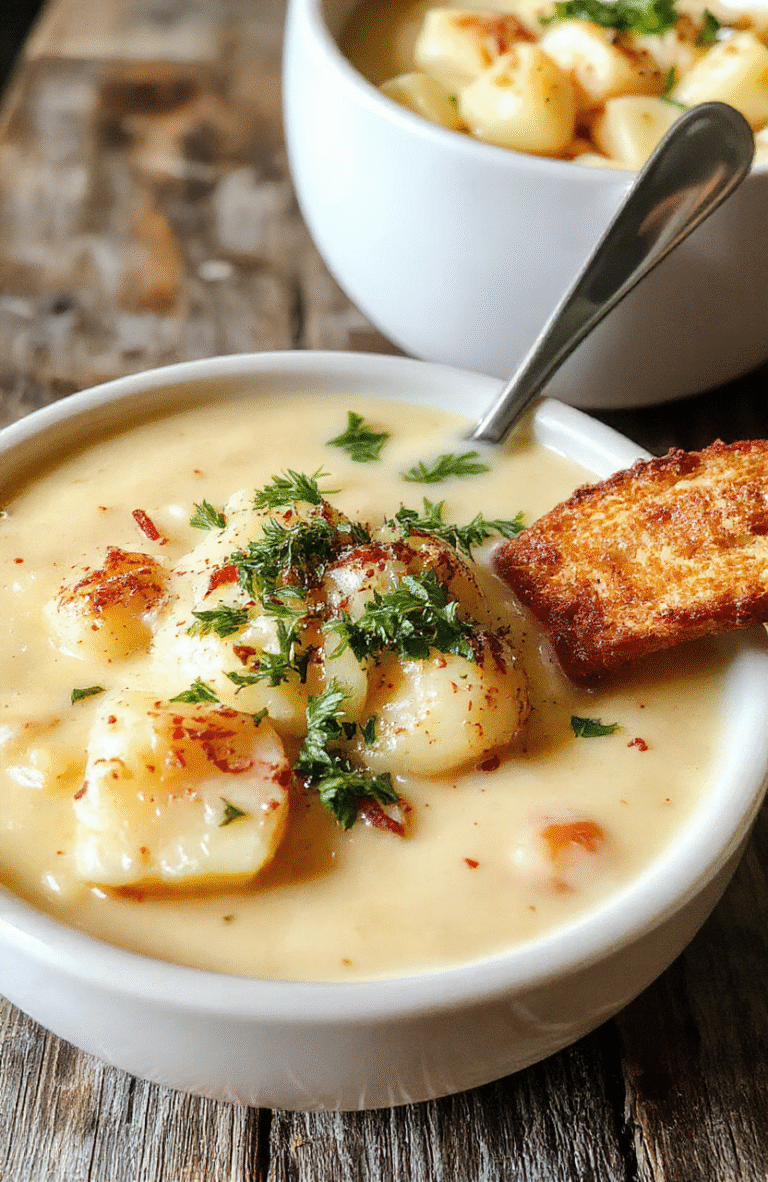 A warm bowl of creamy potato soup garnished with chopped chives and a dollop of sour cream, served on a rustic wooden table with a spoon and a slice of crusty bread. The soup has a smooth, velvety texture with golden hints from butter and herbs, beautifully styled with fresh herbs on top, appealing and cozy.