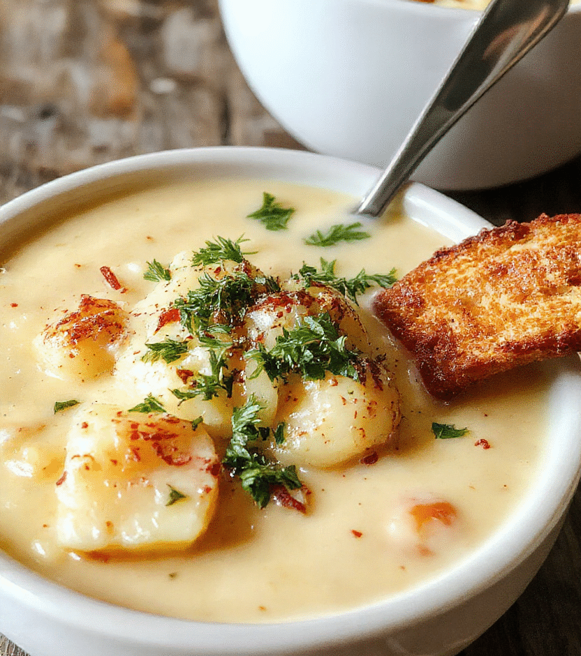 A warm bowl of creamy potato soup garnished with chopped chives and a dollop of sour cream, served on a rustic wooden table with a spoon and a slice of crusty bread. The soup has a smooth, velvety texture with golden hints from butter and herbs, beautifully styled with fresh herbs on top, appealing and cozy.