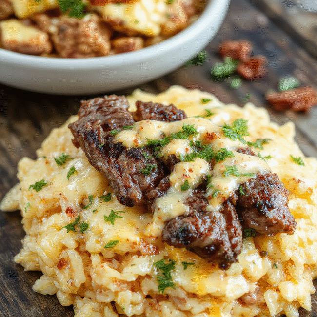 A vibrant plate of creamy queso rice topped with tender, juicy steak strips, garnished with chopped green herbs, served on a rustic wooden table with colorful side dishes in the background, showcasing rich textures and delicious flavors.