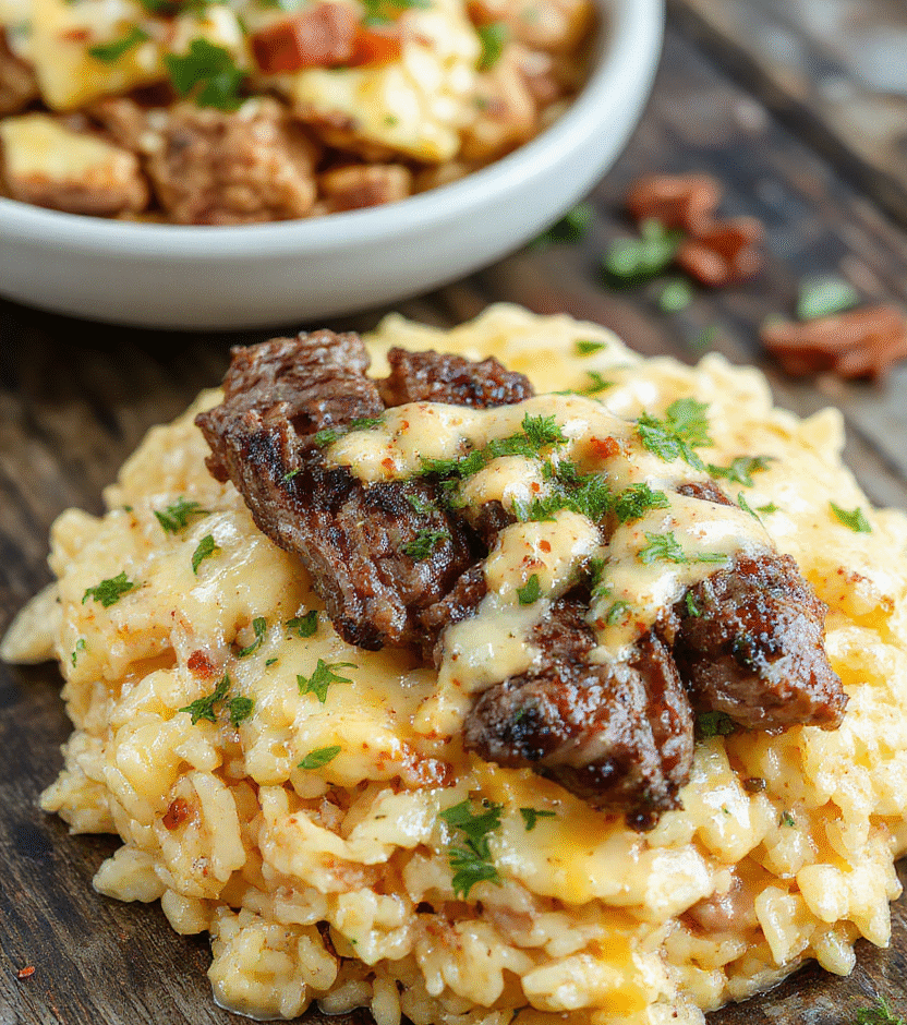 A vibrant plate of creamy queso rice topped with tender, juicy steak strips, garnished with chopped green herbs, served on a rustic wooden table with colorful side dishes in the background, showcasing rich textures and delicious flavors.