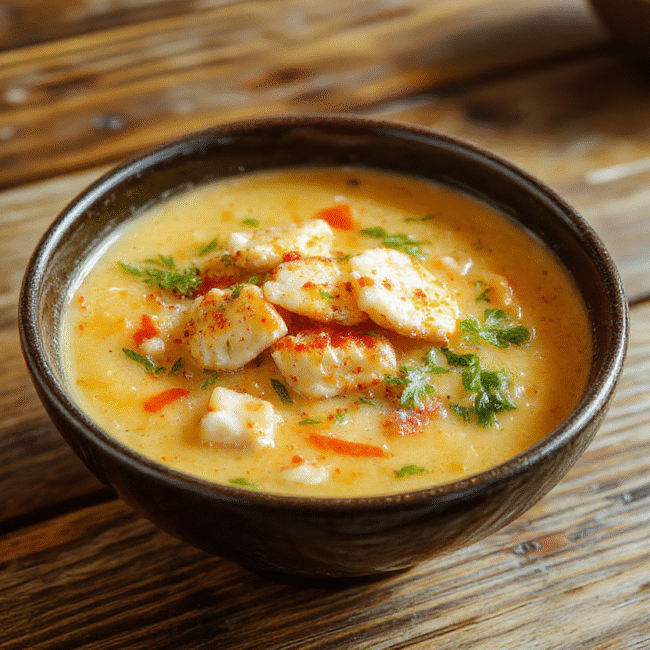 A vibrant bowl of spicy chicken ramen displayed on a wooden table. The dish features a rich, creamy broth with slices of tender chicken, topped with green onions, soft-boiled eggs, and chili flakes. The noodles are thick and perfectly coated in the flavorful sauce, with colorful garnishes adding visual appeal. The scene emphasizes warm, inviting textures and bold colors that highlight the comfort and spice of the dish.