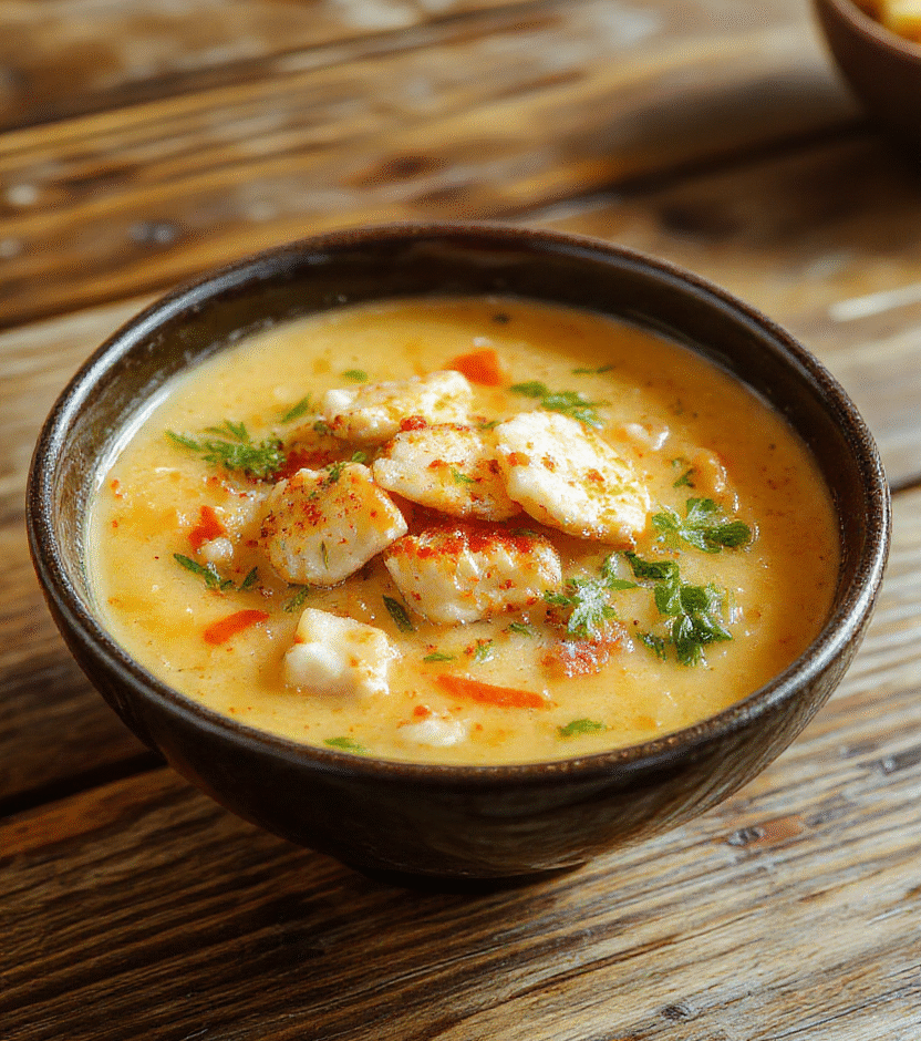 A vibrant bowl of spicy chicken ramen displayed on a wooden table. The dish features a rich, creamy broth with slices of tender chicken, topped with green onions, soft-boiled eggs, and chili flakes. The noodles are thick and perfectly coated in the flavorful sauce, with colorful garnishes adding visual appeal. The scene emphasizes warm, inviting textures and bold colors that highlight the comfort and spice of the dish.