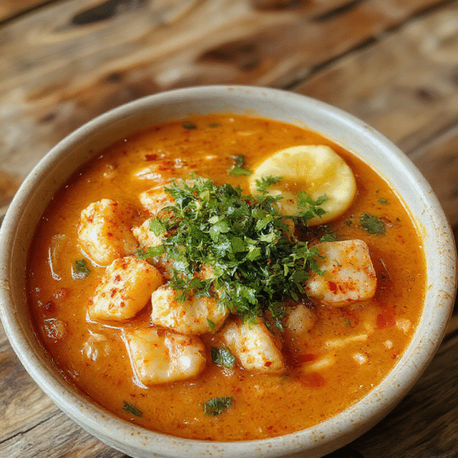 A vibrant bowl of creamy spicy Korean ramen featuring thick noodles immersed in a rich, fiery red broth. Topped with sliced green onions, soft-boiled egg halves, sesame seeds, and slices of tender pork belly, all arranged artfully to showcase the textures and colors. The bowl is set on a rustic wooden table, styled simply to highlight the inviting, comforting dish with steam rising gently.