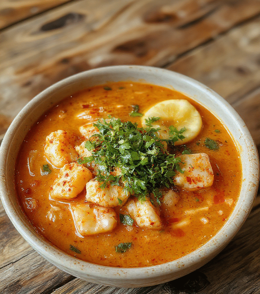 A vibrant bowl of creamy spicy Korean ramen featuring thick noodles immersed in a rich, fiery red broth. Topped with sliced green onions, soft-boiled egg halves, sesame seeds, and slices of tender pork belly, all arranged artfully to showcase the textures and colors. The bowl is set on a rustic wooden table, styled simply to highlight the inviting, comforting dish with steam rising gently.