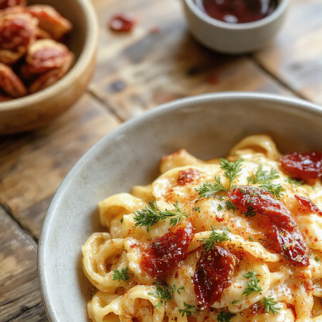 A vibrant plate of creamy spaghetti beautifully plated with a rich red sun-dried tomato sauce, garnished with fresh basil and grated cheese, set on a rustic wooden table with a blurred background highlighting fresh ingredients and textures.