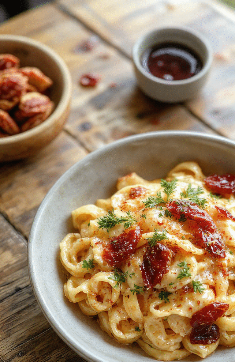 A vibrant plate of creamy spaghetti beautifully plated with a rich red sun-dried tomato sauce, garnished with fresh basil and grated cheese, set on a rustic wooden table with a blurred background highlighting fresh ingredients and textures.