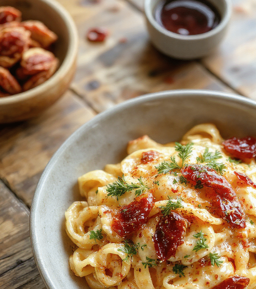 A vibrant plate of creamy spaghetti beautifully plated with a rich red sun-dried tomato sauce, garnished with fresh basil and grated cheese, set on a rustic wooden table with a blurred background highlighting fresh ingredients and textures.