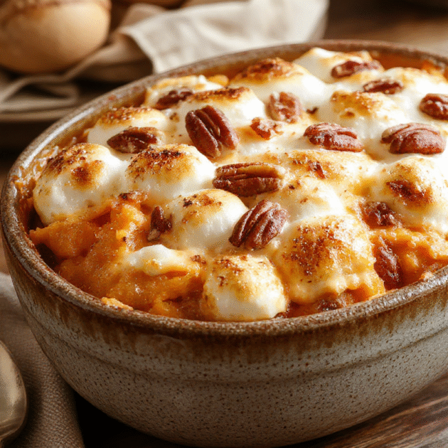 A vibrant, creamy sweet potato casserole topped with golden toasted marshmallows and pecans, served in a rustic ceramic dish. The smooth, orange sweet potato mash is beautifully contrasted with a crunchy, caramelized topping, garnished with fresh herbs. The presentation is warm and inviting, perfect for a festive holiday table, with a cozy, homey atmosphere.