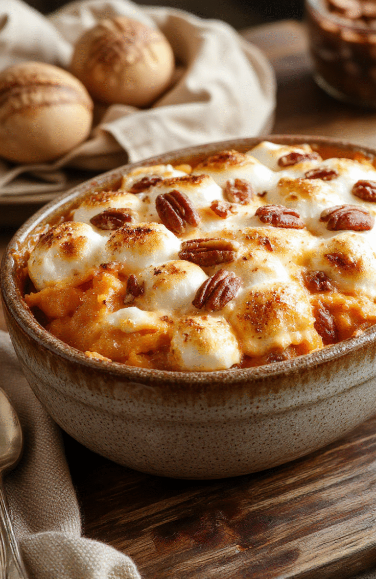 A vibrant, creamy sweet potato casserole topped with golden toasted marshmallows and pecans, served in a rustic ceramic dish. The smooth, orange sweet potato mash is beautifully contrasted with a crunchy, caramelized topping, garnished with fresh herbs. The presentation is warm and inviting, perfect for a festive holiday table, with a cozy, homey atmosphere.