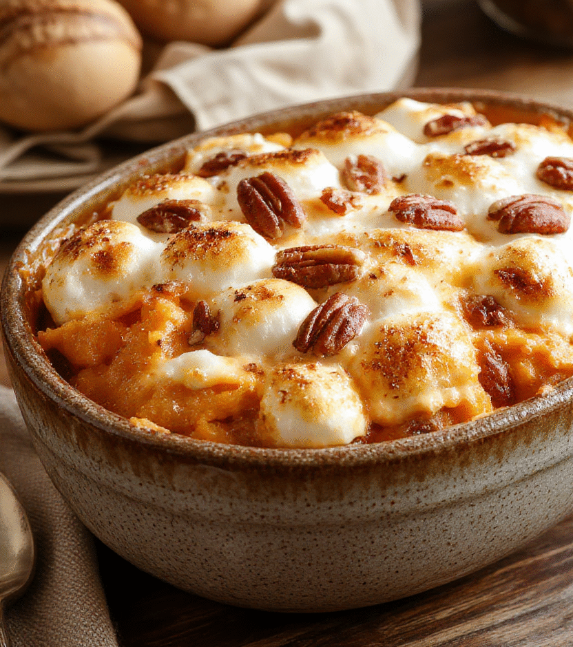 A vibrant, creamy sweet potato casserole topped with golden toasted marshmallows and pecans, served in a rustic ceramic dish. The smooth, orange sweet potato mash is beautifully contrasted with a crunchy, caramelized topping, garnished with fresh herbs. The presentation is warm and inviting, perfect for a festive holiday table, with a cozy, homey atmosphere.