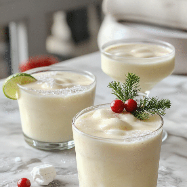 A vibrant glass of creamy white Christmas margarita garnished with a lime wedge and festive red cherries, placed on a snowy white table with holiday decorations in the background. The drink has a smooth, frothy texture with a hint of lime and a sprinkle of salt on the rim, creating an inviting and festive holiday beverage.
