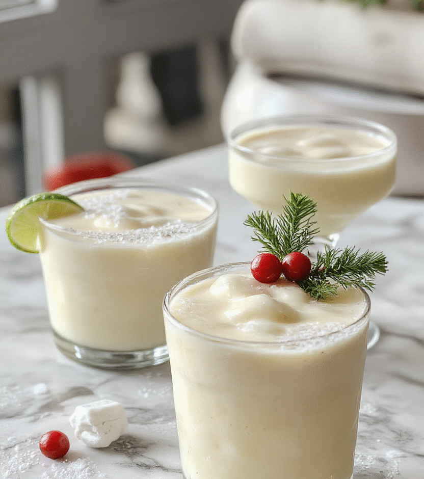 A vibrant glass of creamy white Christmas margarita garnished with a lime wedge and festive red cherries, placed on a snowy white table with holiday decorations in the background. The drink has a smooth, frothy texture with a hint of lime and a sprinkle of salt on the rim, creating an inviting and festive holiday beverage.