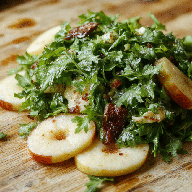 A vibrant salad featuring fresh green arugula leaves topped with thinly sliced crisp apples, toasted walnuts, crumbled goat cheese, and a drizzle of balsamic vinaigrette, plated on a white ceramic plate with a rustic wooden table background, natural lighting highlighting the textures and colors.