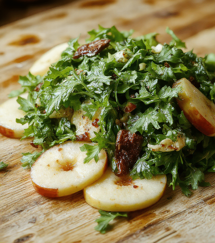 A vibrant salad featuring fresh green arugula leaves topped with thinly sliced crisp apples, toasted walnuts, crumbled goat cheese, and a drizzle of balsamic vinaigrette, plated on a white ceramic plate with a rustic wooden table background, natural lighting highlighting the textures and colors.