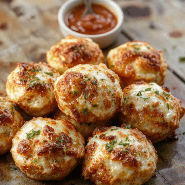 Golden-brown air fryer pizza rolls arranged on a white plate, crispy edges visible, melted cheese oozing slightly, garnished with basil leaves, set against a rustic wooden table with natural lighting.