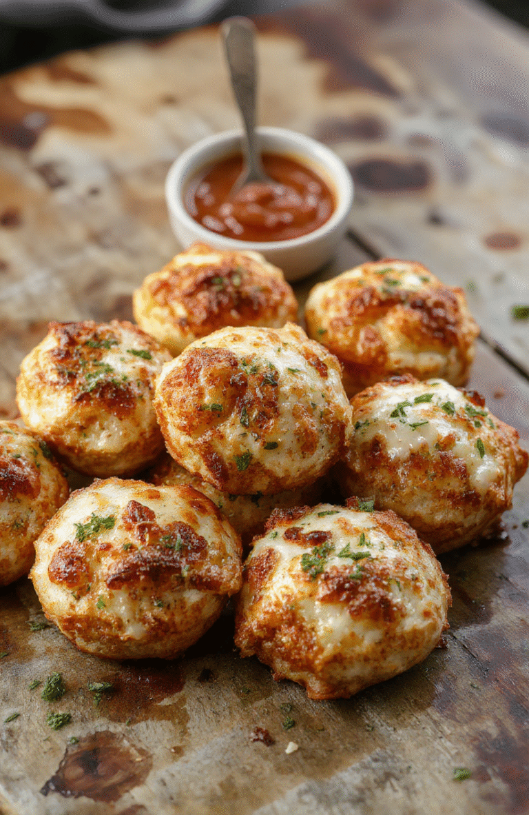 Golden-brown air fryer pizza rolls arranged on a white plate, crispy edges visible, melted cheese oozing slightly, garnished with basil leaves, set against a rustic wooden table with natural lighting.