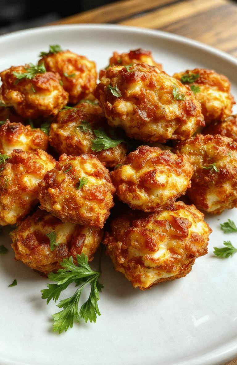 A close-up of golden crispy baked popcorn chicken arranged on a rustic white plate, garnished with fresh parsley. The chicken pieces have a crunchy, seasoned coating with visible bits of popcorn and herbs, set against a neutral wooden table background with natural daylight highlighting their texture and color.