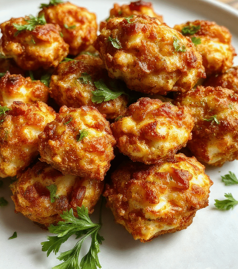 A close-up of golden crispy baked popcorn chicken arranged on a rustic white plate, garnished with fresh parsley. The chicken pieces have a crunchy, seasoned coating with visible bits of popcorn and herbs, set against a neutral wooden table background with natural daylight highlighting their texture and color.