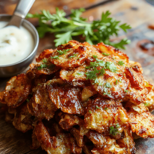Golden crispy fried onions stacked on a white platter, glistening with a light sheen, surrounded by scattered onion pieces, textured batter coating contrasting with the smooth onion layers, styled simply with a rustic backdrop and natural lighting emphasizing the crunchy texture.