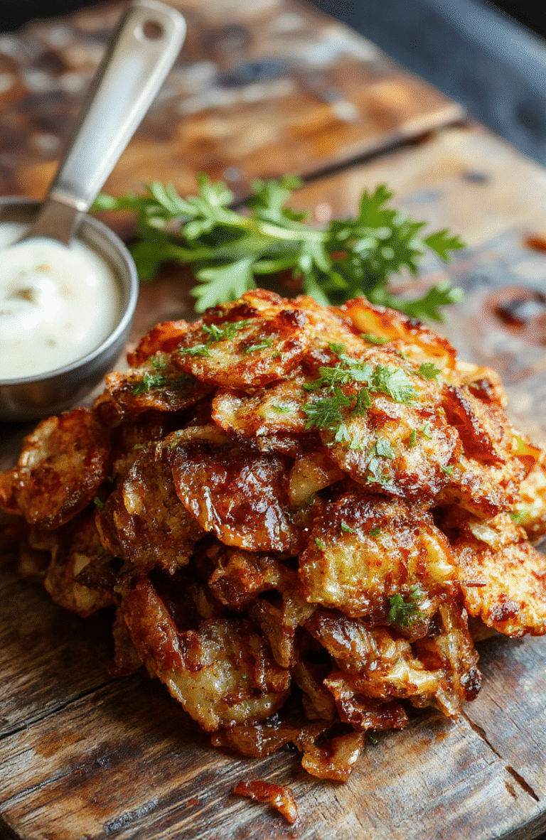 Golden crispy fried onions stacked on a white platter, glistening with a light sheen, surrounded by scattered onion pieces, textured batter coating contrasting with the smooth onion layers, styled simply with a rustic backdrop and natural lighting emphasizing the crunchy texture.