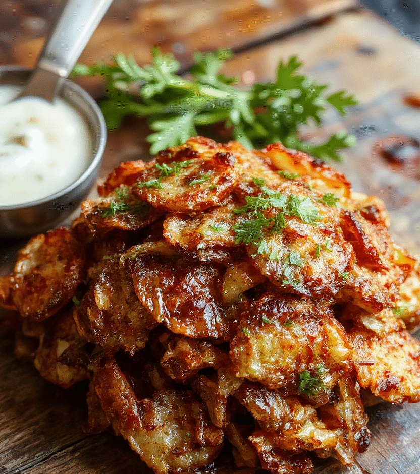 Golden crispy fried onions stacked on a white platter, glistening with a light sheen, surrounded by scattered onion pieces, textured batter coating contrasting with the smooth onion layers, styled simply with a rustic backdrop and natural lighting emphasizing the crunchy texture.
